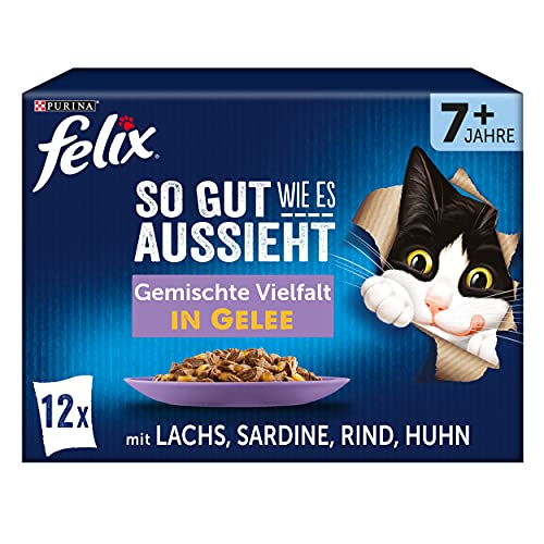 FELIX So gut wie es aussieht Senior Katzenfutter nass in Gelee, Sorten-Mix, 6er Pack (6 x 12 Beutel à 85g) von FELIX