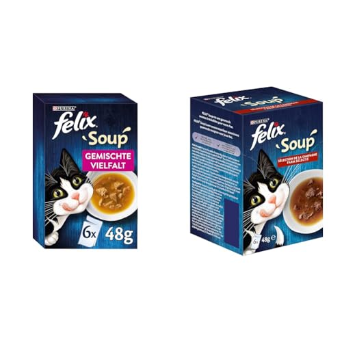 FELIX Soup, Suppe für Katzen mit zarten Stückchen, Sorten-Mix, 8er Pack (8 x 6 Beutel à 48g) & Soup, Suppe für Katzen mit zarten Stückchen, Geschmacksvielfalt vom Land, 8er Pack (8 x 6 Beutel à 48g) von FELIX