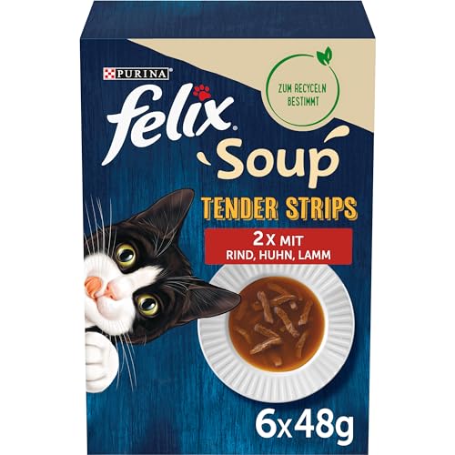 FELIX Soup Tender Strips, Suppe für Katzen, Geschmacksvielfalt vom Land, Rindfleisch, Huhn, Lamm, 8-er Pack (8x 6 Packungen à 48 Gramm) von Felix