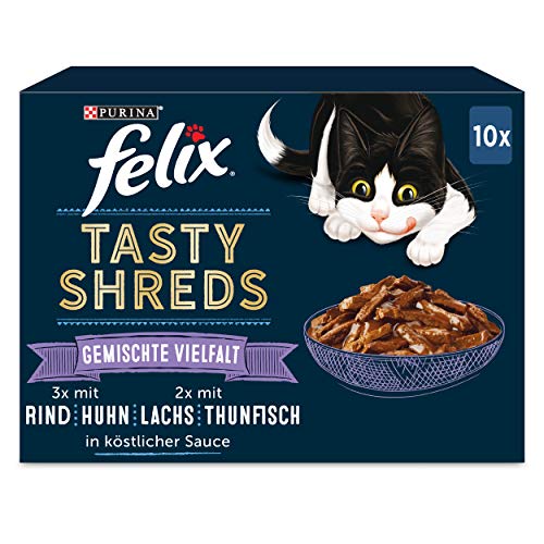 FELIX Tasty Shreds Katzenfutter nass in Sauce, Geschmacksvielfalt Sorten-Mix, 6er Pack (6 x 10 x 80g) von FELIX
