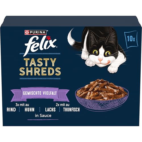 FELIX Tasty Shreds Katzenfutter nass in Sauce, Geschmacksvielfalt Sorten-Mix, 6er Pack (6 x 10 x 80g) von FELIX