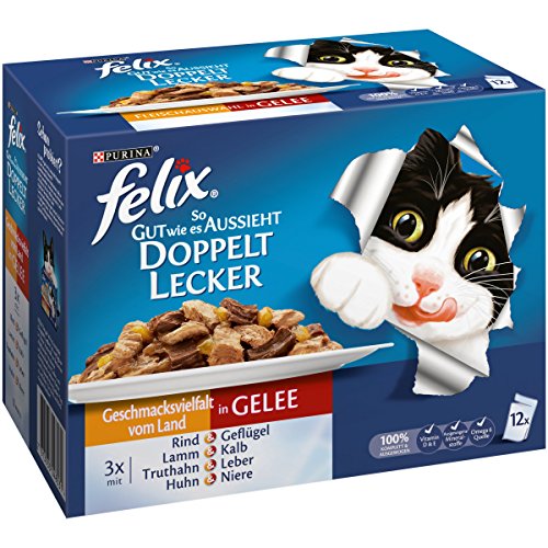 Felix Katzennassfutter So gut wie es aussieht Doppelt Lecker in Gelee Geschmacksvielfalt vom Land, 6er Pack (6 x 12 x 100g) Portionsbeutel von Felix