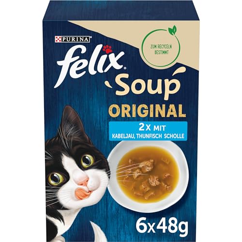 FELIX Soup, Suppe für Katzen mit zarten Stückchen, Geschmacksvielfalt aus dem Wasser, 8er Pack (8 x 6 Beutel à 48g) von FELIX