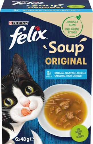 Felix Katzennassfutter Soup Geschmacksvielfalt aus dem Wasser mit Kabeljau, Thunfisch, Scholl, 8er Pack (6 x 48 g) Portionsbeutel von Felix