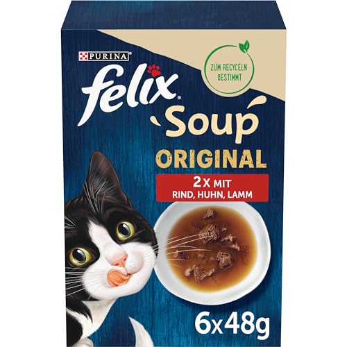 Felix Katzennassfutter Soup Geschmacksvielfalt vom Land mit Rind, Huhn, Lamm, 8er Pack (6 x 48 g) Portionsbeutel von Felix