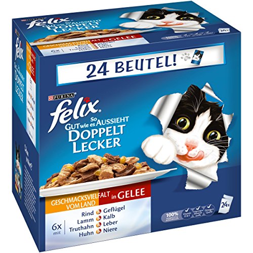 Felix So gut wie es aussieht, Katzennassfutter, Doppelt Lecker Geschmacksvielfalt vom Land I Adult I 4er Pack (4 x 24 x 100g) von Felix