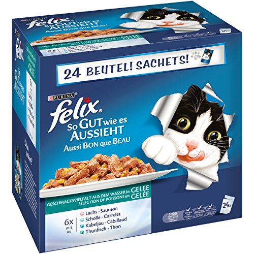 Felix So gut wie es aussieht, Katzennassfutter, Gelee Geschmacksvielfalt aus dem Wasser I Adult I 4er Pack (4 x 24 x 100g) von Felix