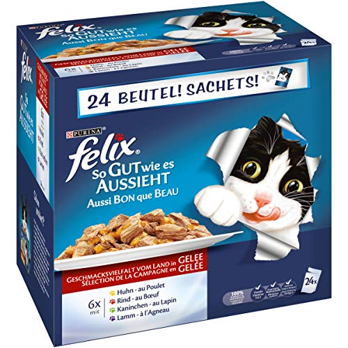 Felix So gut wie es aussieht, Katzennassfutter, Gelee Geschmacksvielfalt vom Land I Adult I 4er Pack (4 x 24 x 100g) von Felix