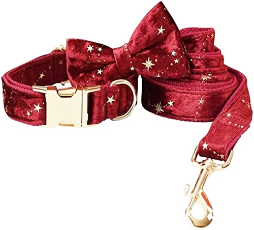 Hundeleine, personalisierbar, Samtfliege für Weihnachten, Rot, Set mit Halsband und Leine für Haustiere, mit goldenen Sternen, weiche Hundeleine (20-29 cm) von FENGJISUN