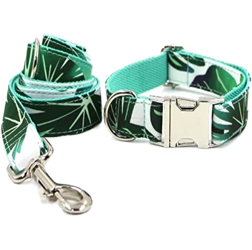 Hundeleine Polyester Hundehalsband Gravierte Grüne Blätter Drucken Stilvolle Halsband Set Mit Fliege Hundeleine Verstellbare(42-48cm) von FENGJISUN