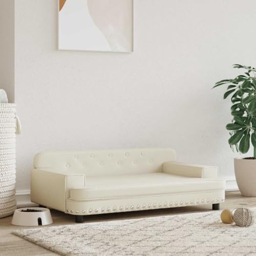 FENLAX Hundesofa Bequeme Haustierbett Kunstleder Hundecouch Welpenbett Haustiersofa Hundehütte für Große Mittelgroße Hunde Modernes und Elegantes Design Creme 90x53x30 cm von FENLAX