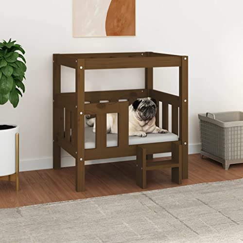 FENLAX Hundesofa Bequeme Haustierbett Welpenbett aus Holz Hundehütte für Große Mittelgroße Hunde Massives Kiefernholz Modernes und Elegantes Design Honigbraun 65,5x43x70 cm von FENLAX