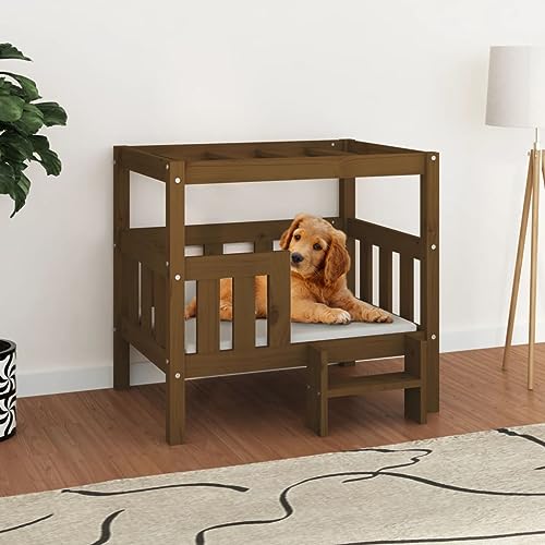 FENLAX Hundesofa Bequeme Haustierbett Welpenbett aus Holz Hundehütte für Große Mittelgroße Hunde Massives Kiefernholz Modernes und Elegantes Design Honigbraun 75,5x63,5x70 cm von FENLAX