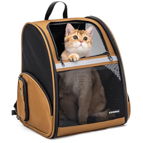 Katzen-Rucksack, Tragetasche für kleine Hunde und mittelgroße Katzen, Welpen, Kätzchen, Häschen bis zu 6,8 kg, Katzentragerucksack, zusammenklappbar mit vollständig belüftetem Netzgewebe mit von FERMAO