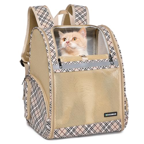 Katzen-Rucksack, Tragetasche für kleine Hunde und mittelgroße Katzen, Welpen, Kätzchen, Häschen bis zu 6,8 kg, Katzentragerucksack, zusammenklappbar mit vollständig belüftetem Netzgewebe mit von FERMAO