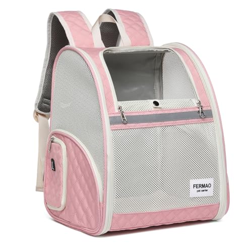 Katzenrucksack, entworfen für Katzen und kleine Hunde, Kleintier-Rucksack, atmungsaktiv, faltbar, ideal für Tierarzttransport und Outdoor-Abenteuer, leichter Komfort (Rosa) von FERMAO