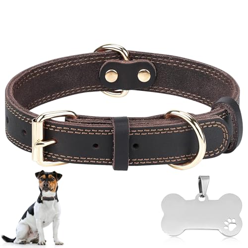 Hundehalsband Leder, Weiches Echtleder Hundehalsband Langlebig, Verstellbar 38-49CM, Dog Collar mit Haustiermarke für Rüde Weiblich Kleine Mittlere Große X-Große Hunde, Braun von FESSOSKO