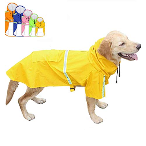 FEimaX Hunderegenmantel Wasserdicht Hunde Regenjacke mit Reflektierenden Streifen, Verstellbarer Regenmantel mit Kapuze und Kragenloch für Kleine Mittelgroße und Große Hunde von FEimaX