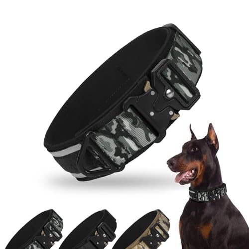 FEimaX Taktisch Hundehalsband Große Hunde, 2 Zoll Breite Dicke Reflektierende Hundehalsband mit Metallschnalle für Mittelgroße Hunde, Einstellbares Halsband für Ausbildung (Grau Tarnmuster, XL) von FEimaX