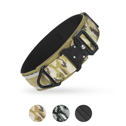 FEimaX Taktisch Hundehalsband Große Hunde, 2 Zoll Breite Dicke Reflektierende Hundehalsband mit Metallschnalle für Mittelgroße Hunde, Einstellbares Halsband für Ausbildung (Khaki Tarnmuster, L) von FEimaX