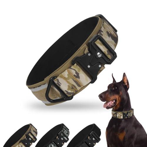 FEimaX Taktisch Hundehalsband Große Hunde, 2 Zoll Breite Dicke Reflektierende Hundehalsband mit Metallschnalle für Mittelgroße Hunde, Einstellbares Halsband für Ausbildung (Khaki Tarnmuster, XL) von FEimaX