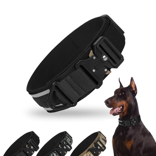 FEimaX Taktisch Hundehalsband Große Hunde, 2 Zoll Breite Dicke Reflektierende Hundehalsband mit Metallschnalle für Mittelgroße Hunde, Einstellbares Halsband mit V-Ring für Ausbildung (Schwarz, L) von FEimaX