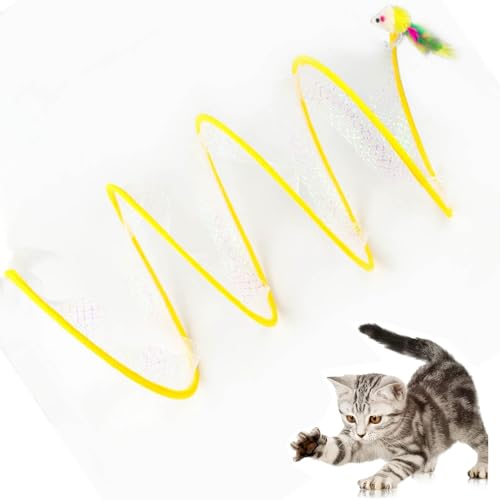Self-Play Cat Hunting Spiral Tunnel Toy, Katzenspielzeug Spirale， Spirale Katzentunnel Spielzeug, S Katzen Tunnel Zusammenklappbarer Katzentunnel Mit Federn Und Plüsch Maus (Color : Yellow) von FF LKY