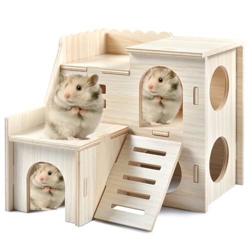 Holz Hamsterhaus,Hamsterhaus 2 Etagen Holzhaus,Zwerghamster Zubehör Haus Nagerhaus,Für Zwerghamster, Rennmäuse, Degus, Stachelmäuse（15.5 * 14 * 14.5） von FGen
