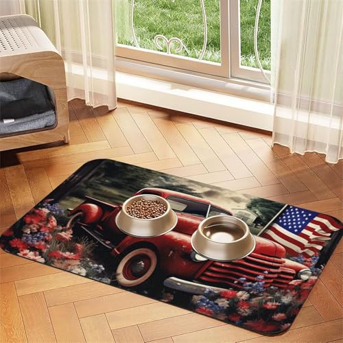 4. Juli Patriotische alte rote Lkw-Haustier-Füttermatte, 40 x 60 cm, saugfähige Hundematte für Futter und Wassernapf, PU-Leder, Katzenfuttermatte, wasserdicht, schnell trocknend, Haustier-Platzsets von FHEBNDS