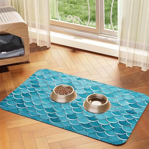 Blue Waves Squama Meerjungfrauen-Schuppen-Haustier-Futtermatte, 40 x 60 cm, saugfähige Hundematte für Futter und Wassernapf, PU-Leder, Katzenfuttermatte, wasserdicht, schnell trocknend von FHEBNDS