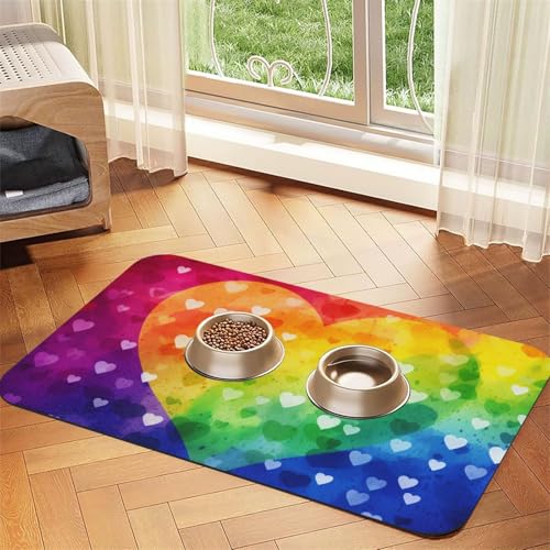 Bunte Regenbogen-Herz-Füttermatte, 40 x 60 cm, saugfähige Hundematte für Futter und Wassernapf, PU-Leder, Katzenfuttermatte, wasserdicht, schnell trocknend, Haustier-Platzsets, keine Flecken Bunte Regenbogen-Herz-Füttermatte, 40 x 60 cm, saugfähige Hundematte für Futter und Wassernapf, PU-Leder, Katzenfuttermatte, wasserdicht, schnell trocknend, Haustier-Platzsets, keine Flecken von FHEBNDS