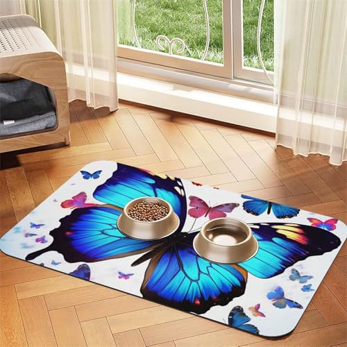 Bunte Schmetterling-Füttermatte, 40 x 60 cm, saugfähige Hundematte für Futter- und Wassernapf, PU-Leder, Katzenfuttermatte, wasserdicht, schnell trocknend, Haustier-Tischsets, keine Flecken von FHEBNDS