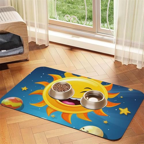 Cartoon-Sonne-Füttermatte, 30 x 45 cm, saugfähige Hundematte für Futter- und Wassernapf, PU-Leder, Katzenfuttermatte, wasserdicht, schnell trocknend, Haustier-Tischsets, keine Flecken von FHEBNDS