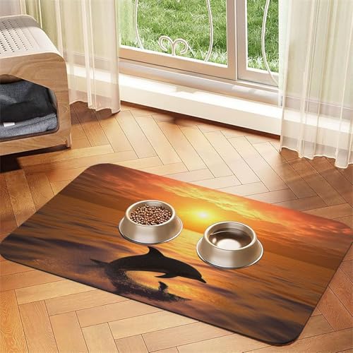 Futtermatte für Haustiere, Delfin und Sonnenuntergang, 40 x 60 cm, saugfähige Hundematte für Futter und Wassernapf, PU-Leder, Katzenfuttermatte, wasserdicht, schnell trocknend, Haustier-Platzsets Futtermatte für Haustiere, Delfin und Sonnenuntergang, 40 x 60 cm, saugfähige Hundematte für Futter und Wassernapf, PU-Leder, Katzenfuttermatte, wasserdicht, schnell trocknend, Haustier-Platzsets von FHEBNDS