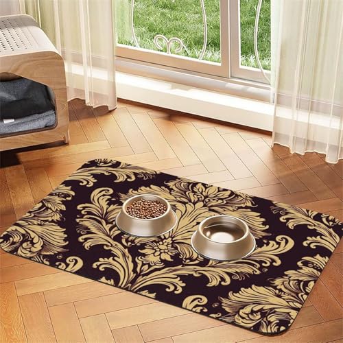 Futtermatte für Haustiere mit Damastmuster, 40 x 60 cm, saugfähige Hundematte für Futter und Wassernapf, PU-Leder, Katzenfuttermatte, wasserdicht, schnell trocknend, Haustier-Tischsets, keine Flecken von FHEBNDS