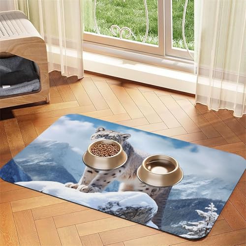 Futtermatte für Haustiere mit Schneeleopard, 40 x 60 cm, saugfähige Hundematte für Futter- und Wassernapf, PU-Leder, Katzenfuttermatte, wasserdicht, schnell trocknend, keine Flecken von FHEBNDS