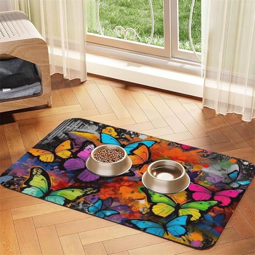 Futternapf-Matte für Haustiere, Graffiti-Schmetterlinge, 30 x 45 cm, saugfähige Hundematte für Futter- und Wassernapf, PU-Leder, Katzenfuttermatte, wasserdicht, schnell trocknend, keine Flecken Futternapf-Matte für Haustiere, Graffiti-Schmetterlinge, 30 x 45 cm, saugfähige Hundematte für Futter- und Wassernapf, PU-Leder, Katzenfuttermatte, wasserdicht, schnell trocknend, keine Flecken von FHEBNDS