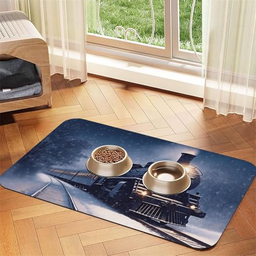 Haustier-Futtermatte für den Winter, Weihnachten, Schnee, Nacht, Eisenbahn, Zug, 40 x 60 cm, saugfähige Hundematte für Futter und Wassernapf, PU-Leder, Katzenfuttermatte, wasserdicht, schnell Haustier-Futtermatte für den Winter, Weihnachten, Schnee, Nacht, Eisenbahn, Zug, 40 x 60 cm, saugfähige Hundematte für Futter und Wassernapf, PU-Leder, Katzenfuttermatte, wasserdicht, schnell von FHEBNDS