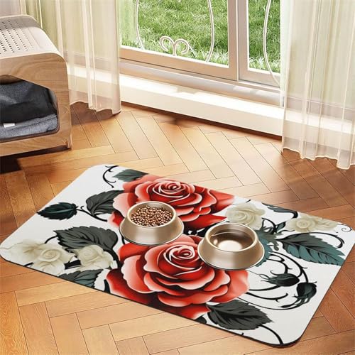 Haustier-Futtermatte mit Blumenmuster, Rosen-Efeu mit Blättern, 30 x 45 cm, saugfähige Hundematte für Futter- und Wassernapf, PU-Leder, Katzenfuttermatte, wasserdicht, schnell trocknend, keine Flecken Haustier-Futtermatte mit Blumenmuster, Rosen-Efeu mit Blättern, 30 x 45 cm, saugfähige Hundematte für Futter- und Wassernapf, PU-Leder, Katzenfuttermatte, wasserdicht, schnell trocknend, keine Flecken von FHEBNDS