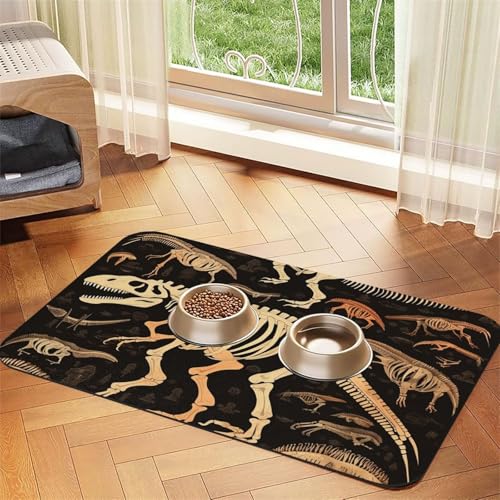 Haustier-Futtermatte mit Dinosaurier-Skelett-Druck, 40 x 60 cm, saugfähige Hundematte für Futter- und Wassernapf, PU-Leder, Katzenfuttermatte, wasserdicht, schnell trocknend, keine Flecken von FHEBNDS