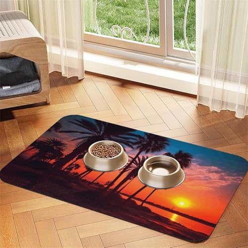 Haustier-Futtermatte mit Palmen-Sonnenuntergang, 40 x 60 cm, saugfähige Hundematte für Futter- und Wassernapf, PU-Leder, Katzenfuttermatte, wasserdicht, schnell trocknend, keine Flecken Haustier-Futtermatte mit Palmen-Sonnenuntergang, 40 x 60 cm, saugfähige Hundematte für Futter- und Wassernapf, PU-Leder, Katzenfuttermatte, wasserdicht, schnell trocknend, keine Flecken von FHEBNDS