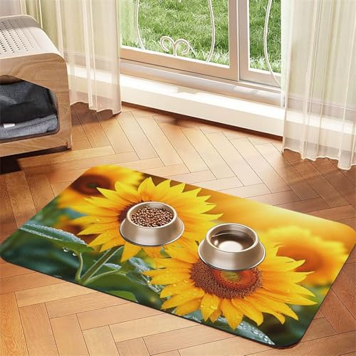 Haustier-Futtermatte mit Sonnenblumen-Blumen, 30 x 45 cm, saugfähige Hundematte für Futter und Wassernapf, PU-Leder, Katzenfuttermatte, wasserdicht, schnell trocknend, Haustier-Tischsets, keine von FHEBNDS