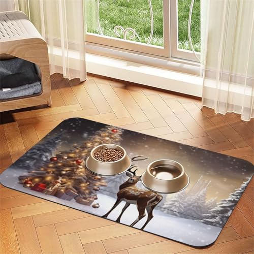 Haustier-Futtermatte mit Weihnachtsbaum und Rentier, 40 x 60 cm, saugfähige Hundematte für Futter und Wassernapf, PU-Leder, Katzenfuttermatte, wasserdicht, schnell trocknend, Haustier-Platzsets, keine Haustier-Futtermatte mit Weihnachtsbaum und Rentier, 40 x 60 cm, saugfähige Hundematte für Futter und Wassernapf, PU-Leder, Katzenfuttermatte, wasserdicht, schnell trocknend, Haustier-Platzsets, keine von FHEBNDS