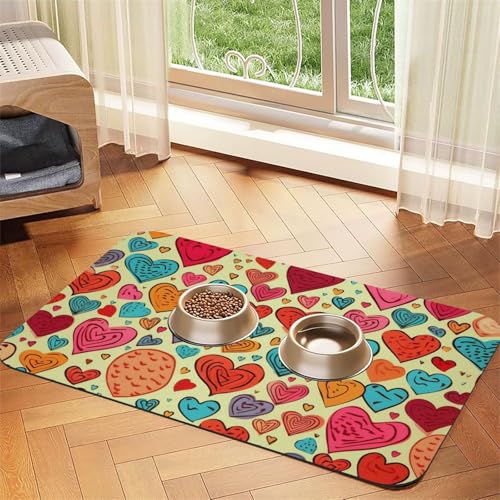 Haustier-Futtermatte mit buntem Herzmuster, 40 x 60 cm, saugfähige Hundematte für Futter- und Wassernapf, PU-Leder, Katzenfuttermatte, wasserdicht, schnell trocknend, keine Flecken Haustier-Futtermatte mit buntem Herzmuster, 40 x 60 cm, saugfähige Hundematte für Futter- und Wassernapf, PU-Leder, Katzenfuttermatte, wasserdicht, schnell trocknend, keine Flecken von FHEBNDS