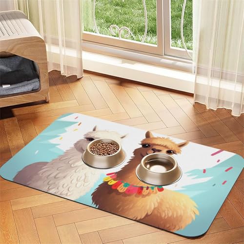Lama Alpaka-Haustier-Futtermatte, 40 x 60 cm, saugfähige Hundematte für Futter- und Wassernapf, PU-Leder, Katzenfuttermatte, wasserdicht, schnell trocknend, Haustier-Platzsets, keine Flecken von FHEBNDS