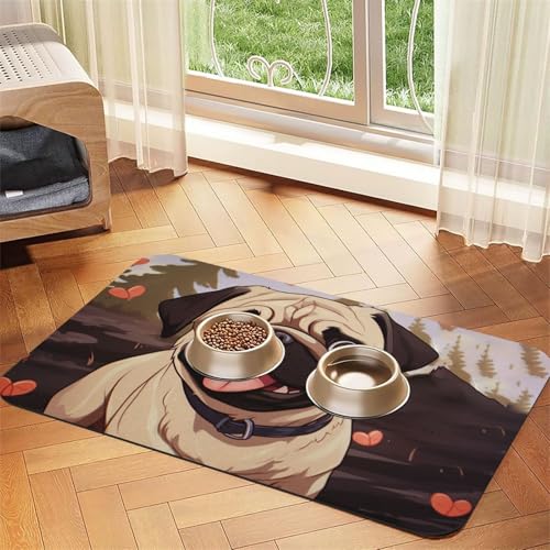 Niedliche Mops-Füttermatte, 40 x 60 cm, saugfähige Hundematte für Futter- und Wassernapf, PU-Leder, Katzenfuttermatte, wasserdicht, schnell trocknend, Haustier-Tischsets, keine Flecken von FHEBNDS