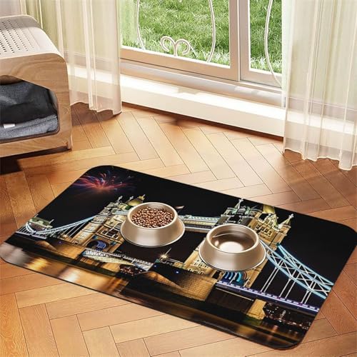 Night London Tower Bridge Haustier-Füttermatte, 40 x 60 cm, saugfähige Hundematte für Futter- und Wassernapf, PU-Leder, Katzenfuttermatte, wasserdicht, schnell trocknend, Haustier-Tischsets, keine von FHEBNDS