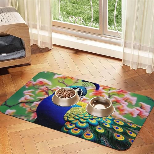 Pfauen-Futtermatte für Haustiere, 40 x 60 cm, saugfähige Hundematte für Futter und Wassernapf, PU-Leder, Katzenfuttermatte, wasserdicht, schnell trocknend, Haustier-Tischsets, keine Flecken Pfauen-Futtermatte für Haustiere, 40 x 60 cm, saugfähige Hundematte für Futter und Wassernapf, PU-Leder, Katzenfuttermatte, wasserdicht, schnell trocknend, Haustier-Tischsets, keine Flecken von FHEBNDS