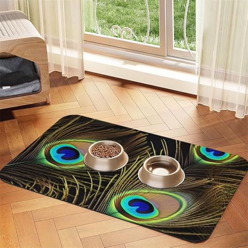Pfauenfedern, Haustier-Futtermatte, 40 x 60 cm, saugfähige Hundematte für Futter und Wassernapf, PU-Leder, Katzenfuttermatte, wasserdicht, schnell trocknend, Haustier-Platzsets, keine Flecken Pfauenfedern, Haustier-Futtermatte, 40 x 60 cm, saugfähige Hundematte für Futter und Wassernapf, PU-Leder, Katzenfuttermatte, wasserdicht, schnell trocknend, Haustier-Platzsets, keine Flecken von FHEBNDS