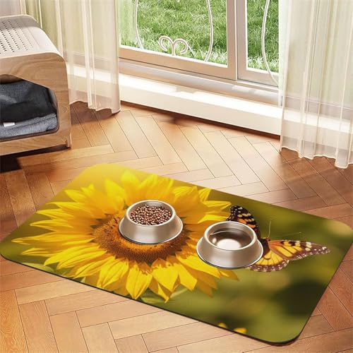 Sunflower Butterfly Sunny Pet Feeding Mat 30x45cm, Absorbent Dog Mat for Food and Water Bowl, PU Leather Cat Food Mat Waterproof Dog Bowl Mats Quick Dry Pet Placemats - No Stains von FHEBNDS